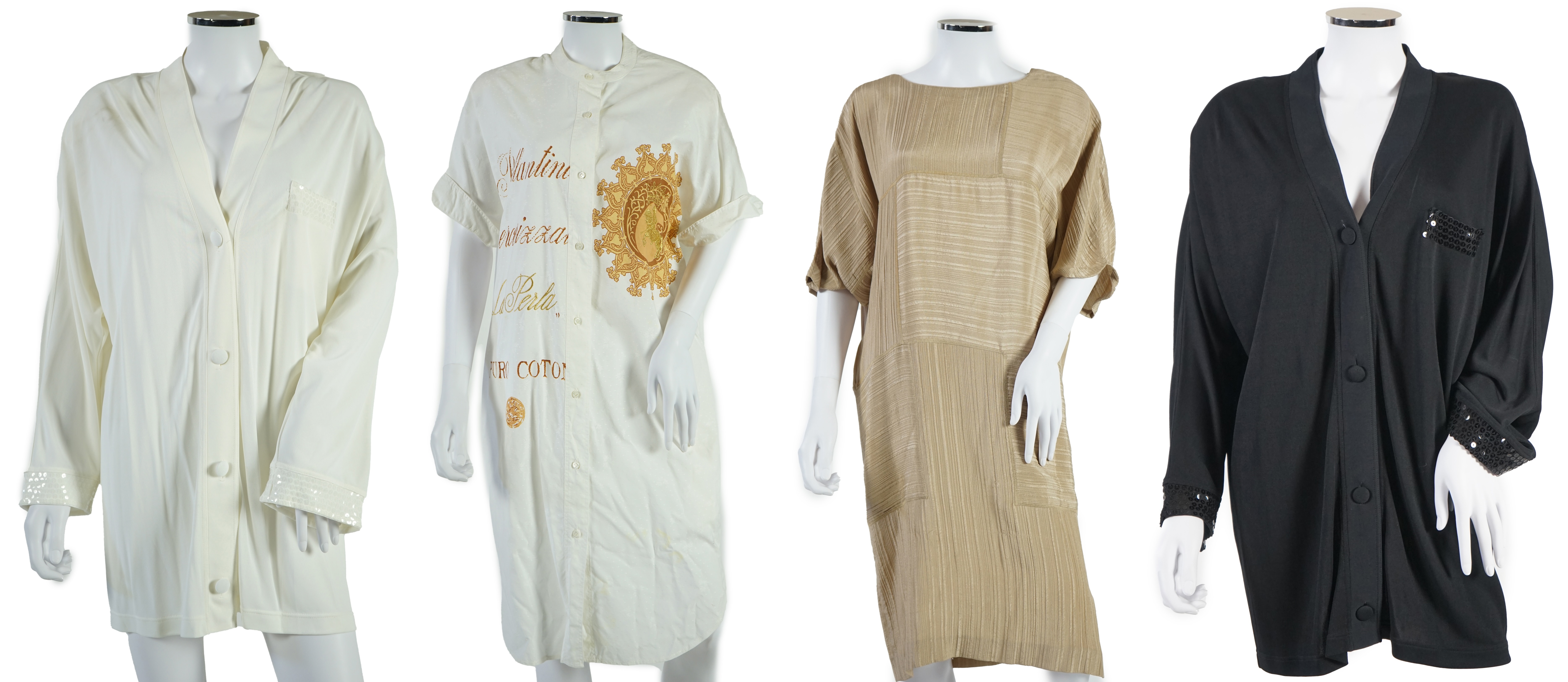 A La Perla white trouser lounge suit, a black jacket lounge jacket, a fawn silk dress and a white embroidered shirt dress. Approx Size L Proceeds to Happy Paws Puppy Rescue